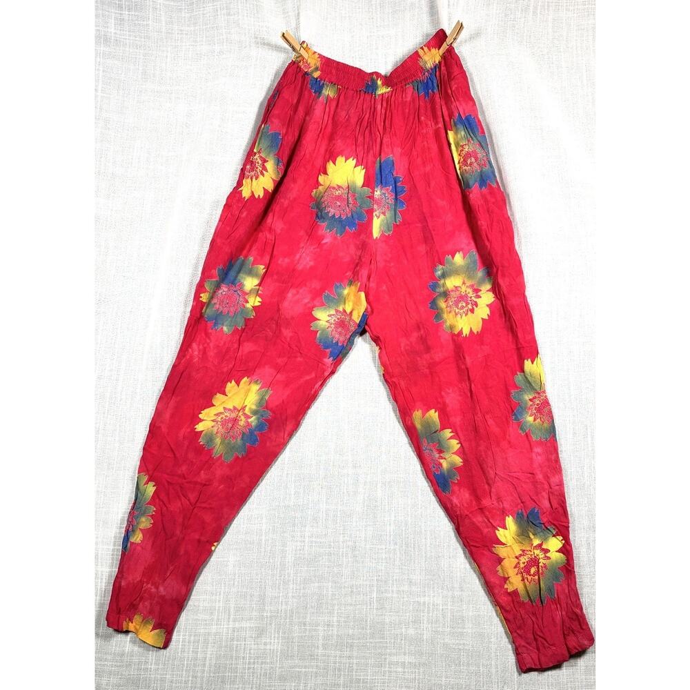 Vintage 80s Passports Pier 1 Pink & Tie Dye Flowers Pattern Pants Size Medium